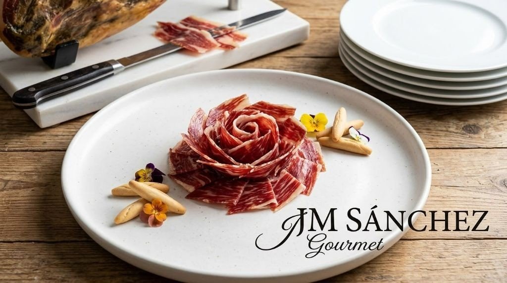 Plato con roseta de jamón ibérico cortado a cuchillo, picos y flores comestibles, sobre mesa de madera