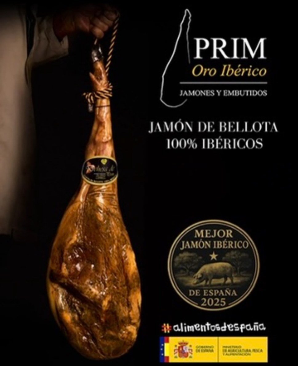 Jamón de bellota 100% ibérico PRIM con el sello Mejor Jamón Ibérico de España 2025